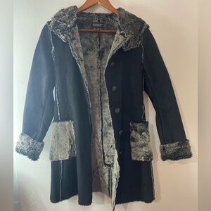 Nadine vintage Y2K Black and Gray Long hooded Teddy Coat beautifully detailed!